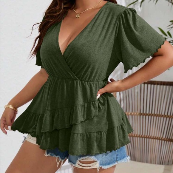 Tops - Elegant Lightweight Olive Green Ruffle Top